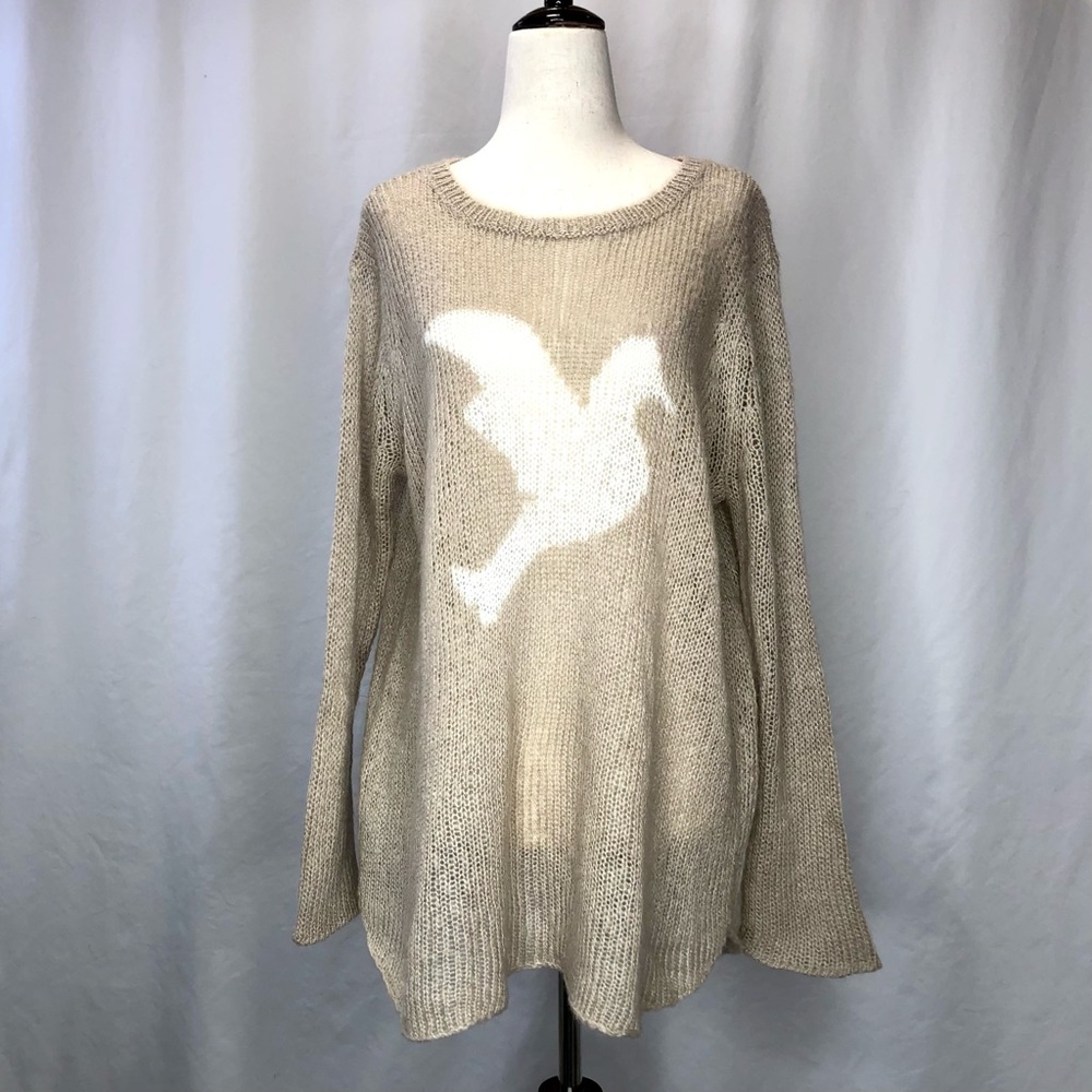 Wooden Ships loose knit crew neck sweater tan sand white bird dove motif S/M